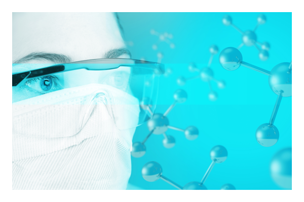Women wearing surgical mask and safety glasses around blue molecules