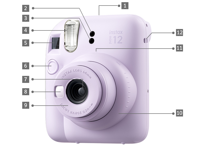 [photo] LILAC PURPLE INSTAX mini 12, front view with numbers pointing to working parts and points of interest