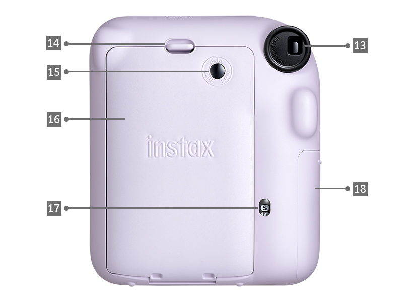 [photo] LILAC PURPLE INSTAX mini 12, back view with numbers pointing to working parts and points of interest