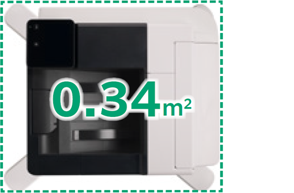 Illustration showing the dimensions of the Fujifilm CX3240F printer, highlighting its compact footprint of 0.34 square meters.