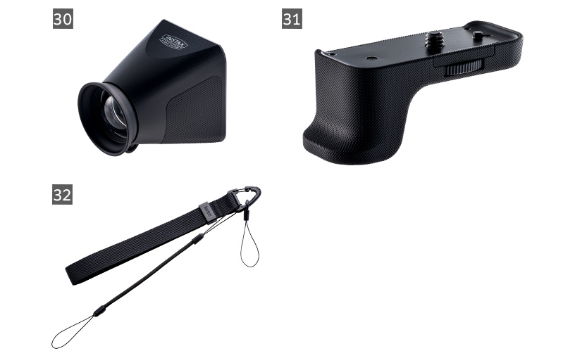 [photo] Image of the instax mini Evo Cinema™ Viewfinder Attachment (Left) / Grip Attachment (Right) / Hand strap (Bottom)
